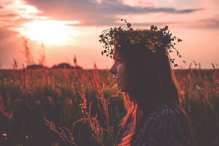 chaplet, field, flower crown, model, outdoors, person, sky HD wallpaper