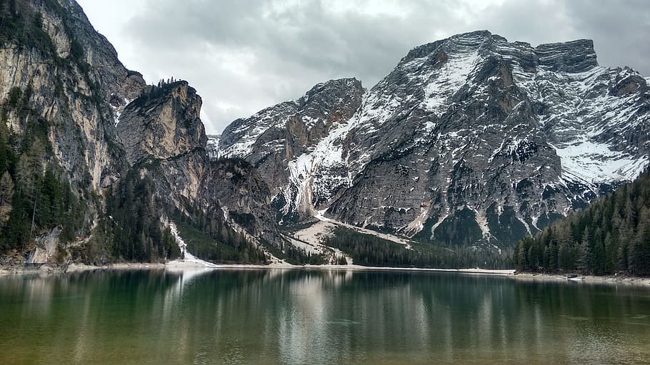 Snow Mountain Under Gray Cloudy Sky, clouds, daylight, daytime HD wallpaper
