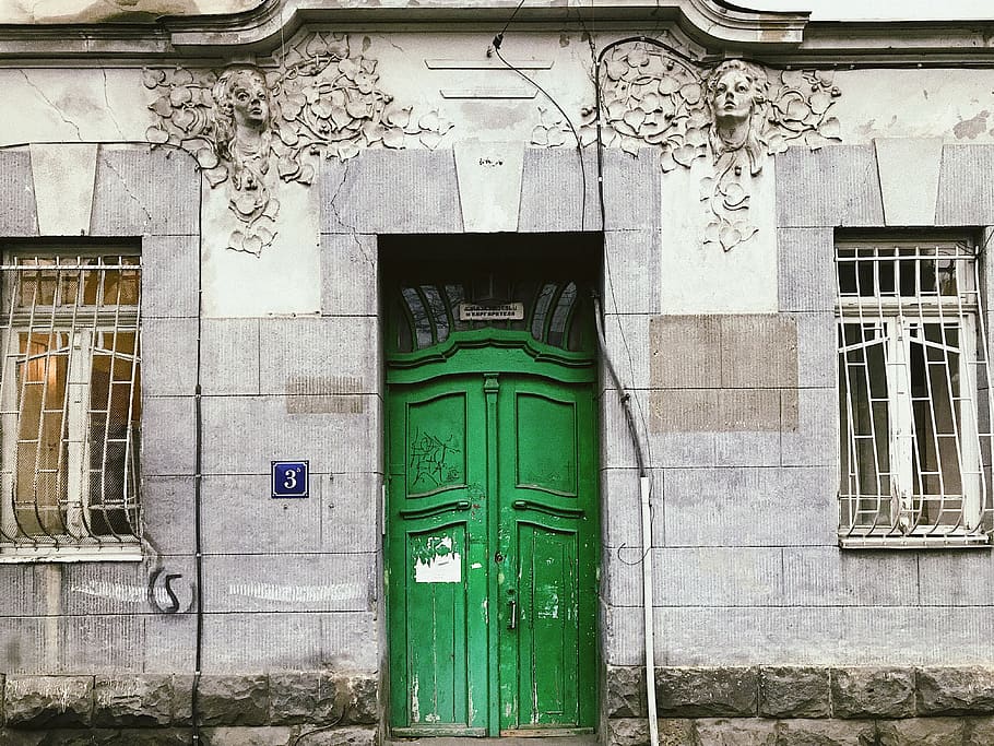 green closed door, built structure, architecture, building exterior HD wallpaper