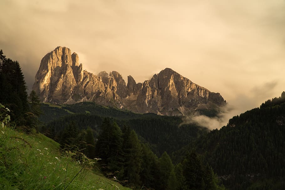 italy, urtijëi, forest, stone, mountains, alps, dolomites HD wallpaper