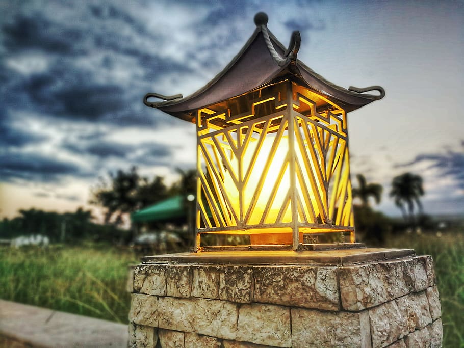 Gray Metal Lamp Turned on, illuminated, light, sky, no people HD wallpaper