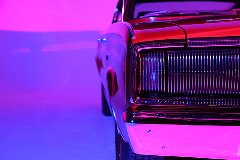 closeup photo of red car, headlight, neon, dark, vintage, classic HD wallpaper