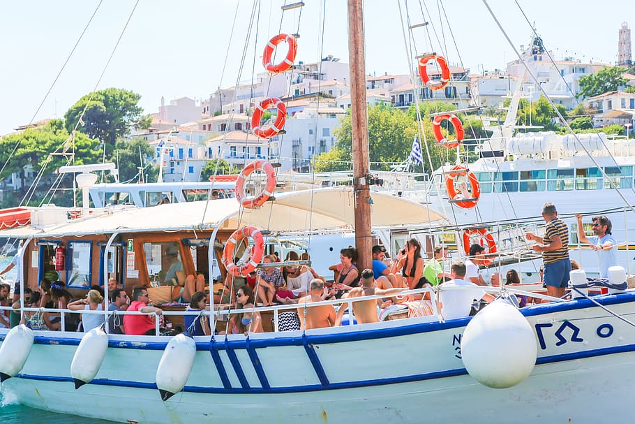 greece, skiathos, boat, excursion, transportation, nautical vessel HD wallpaper
