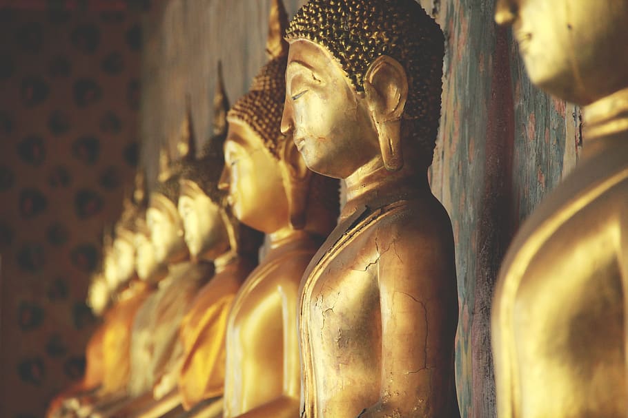 gold-colored Buddha statues, spirituality, human representation HD wallpaper