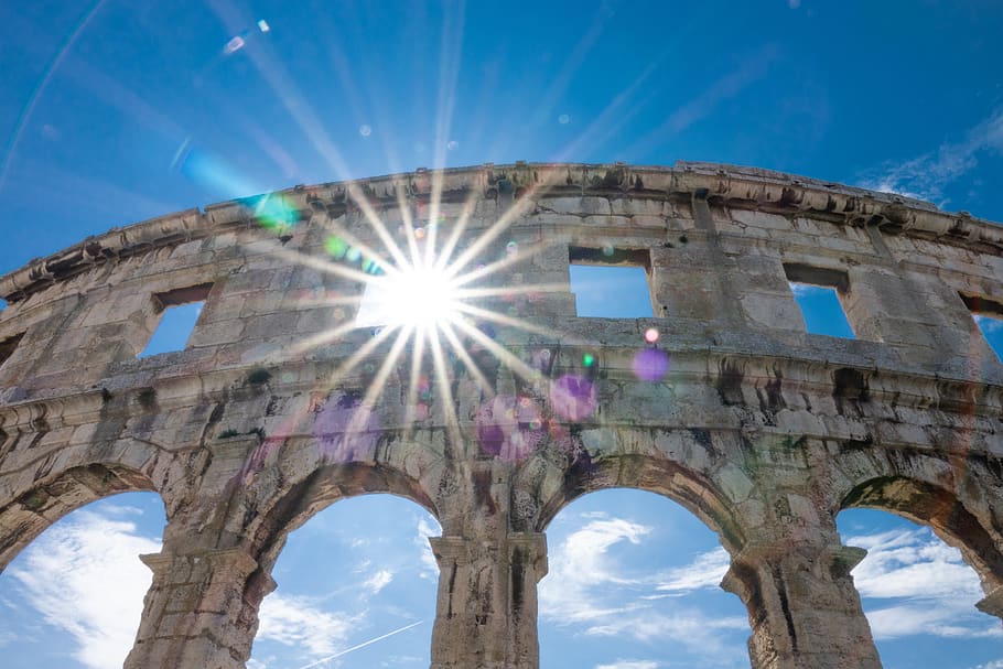 colosseum, wall, backlighting, sky, low angle view, architecture HD wallpaper