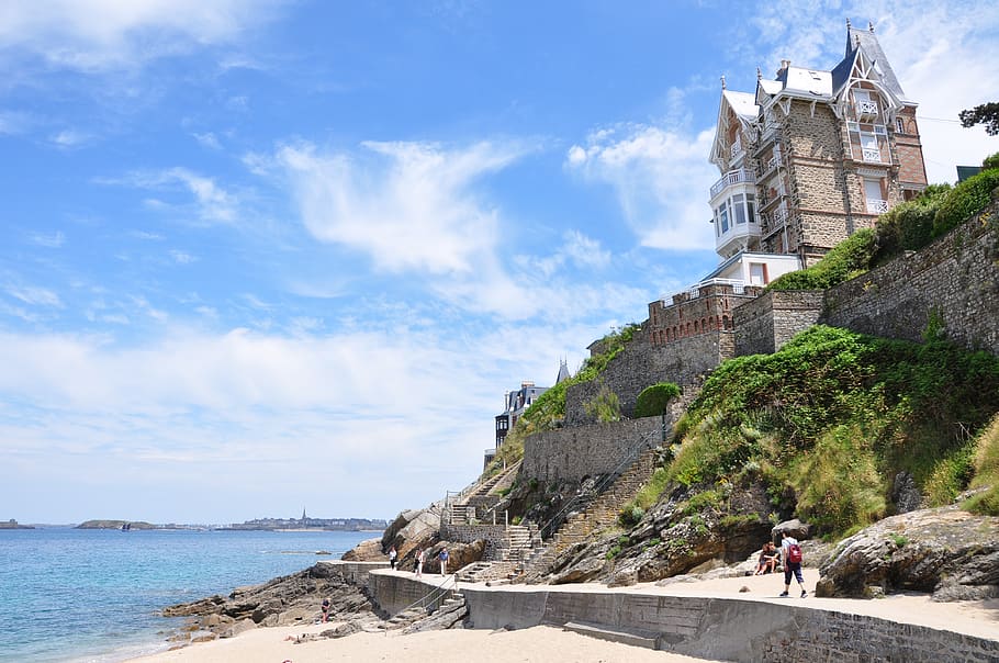 france, dinard, sea, old house, seaside, built structure, architecture, HD wallpaper