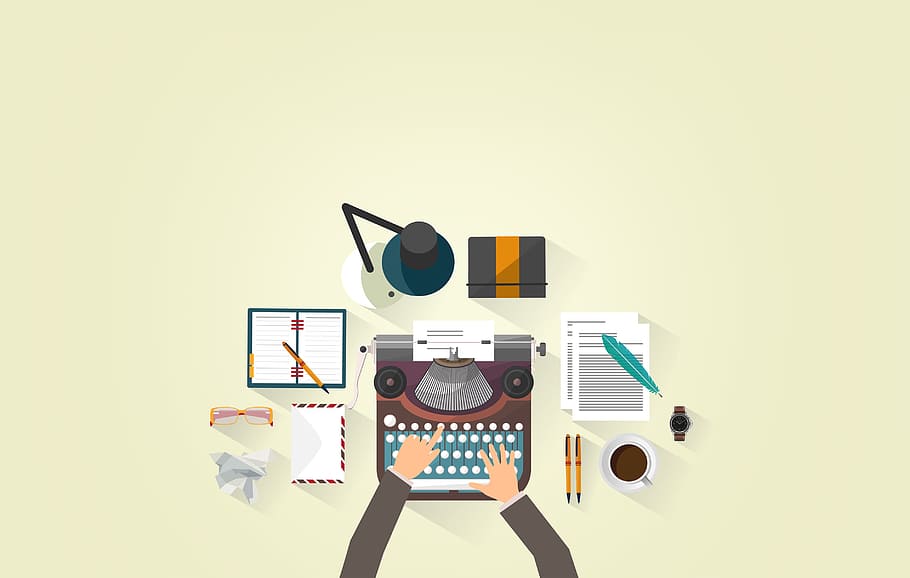 Writer Typing - Typewriter - Work Desk - Author, equipment, illustration