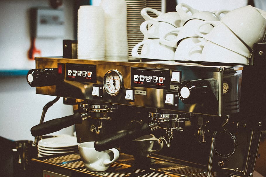 Espresso Machine With White Mugs, coffee machine, coffee maker, HD wallpaper