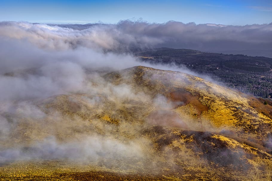 landscape, mountain, volcano, hill, fog, winter, clermont ferrand, HD wallpaper