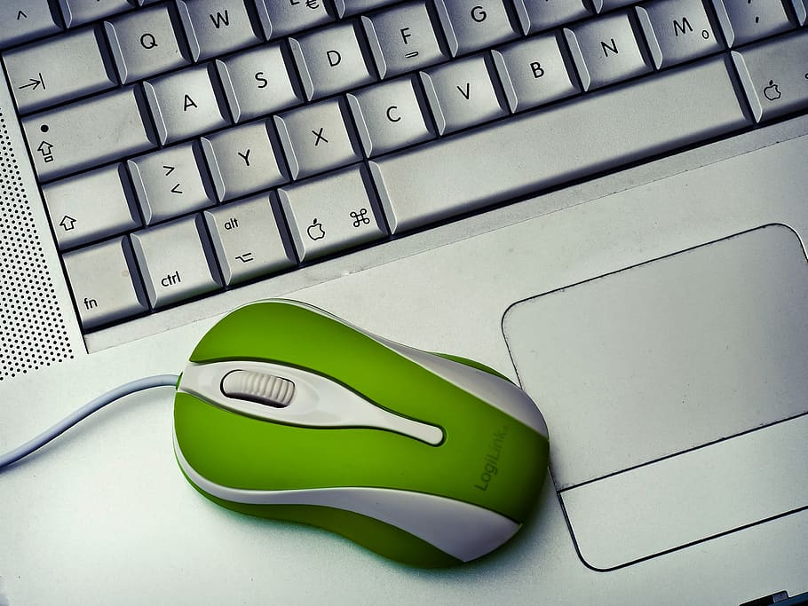 Green Mouse on silver Laptop, electronics, keyboard, macro, modern HD wallpaper