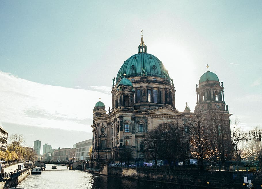 Side view of Berlin Cathedral by the Spree river in sunshine