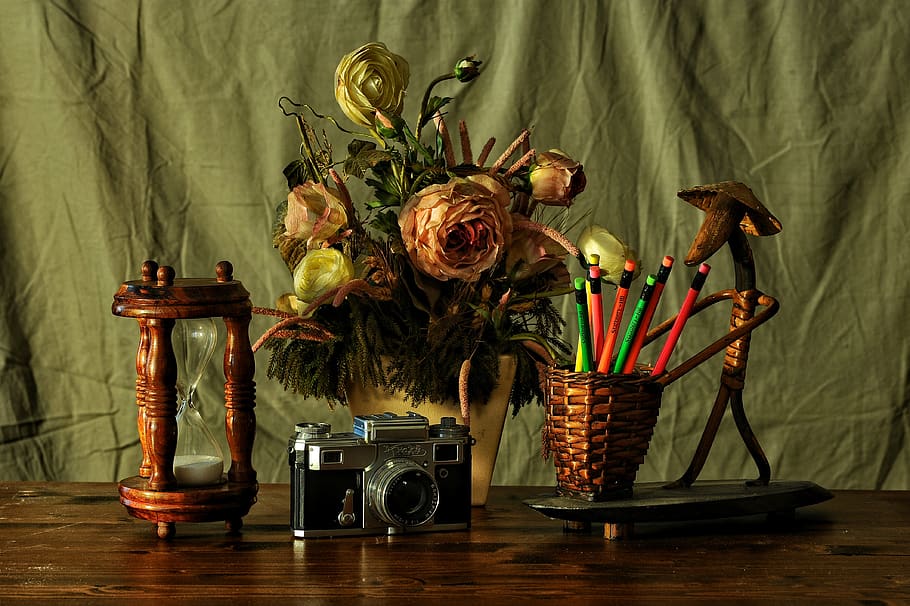 Black Camera Near Table Decors, bloom, blossom, desk, flowers HD wallpaper