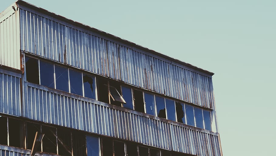 old, building, rusty, abandoned, blue, broken window, minimalm HD wallpaper