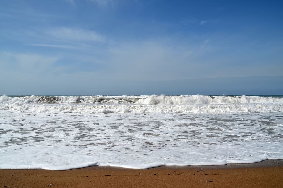sea, surf, sky, land, beach, motion, beauty in nature, water HD wallpaper