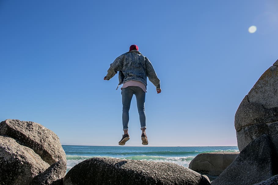sky, blue, water, ocean, rocks, hat, person, people, beach HD wallpaper