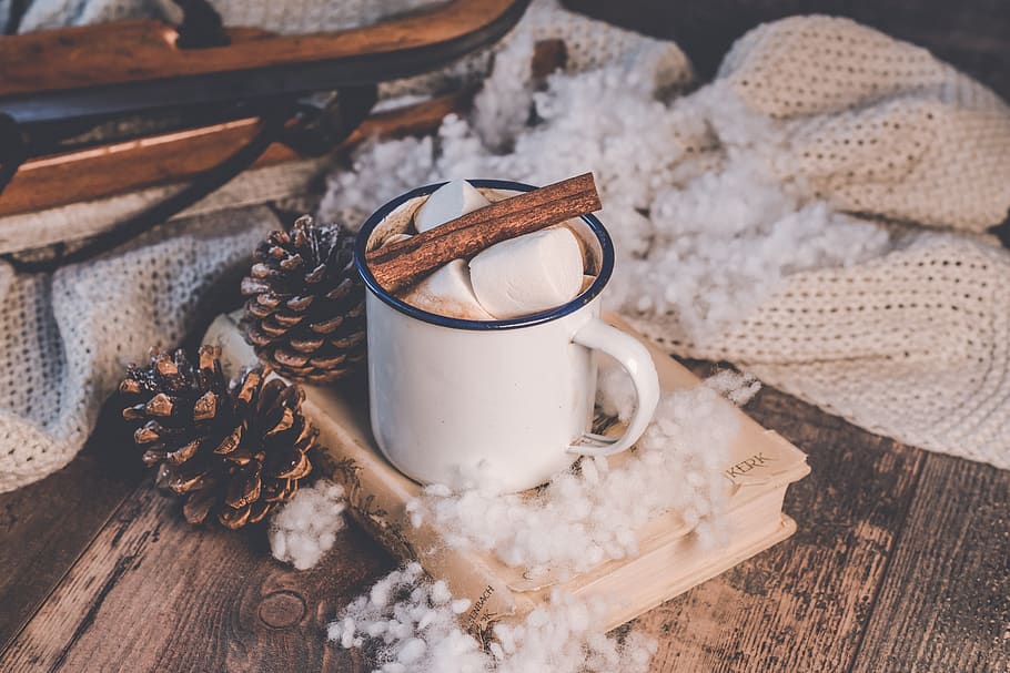 winter, background, coffee, marshmallows, cinnamon, cold, snow HD wallpaper