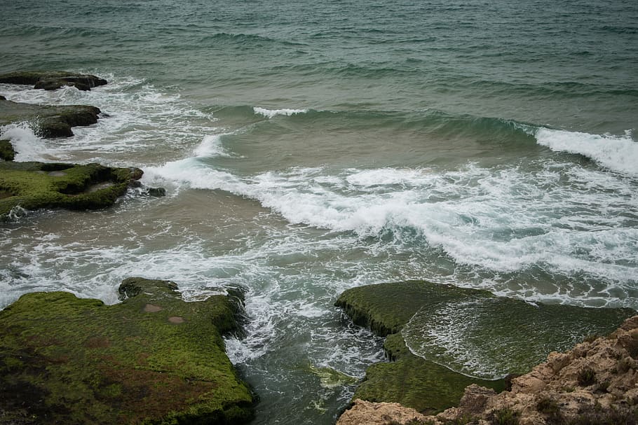 ocean, beach, waves, crashing, foam, sea, rocks, water, motion HD wallpaper