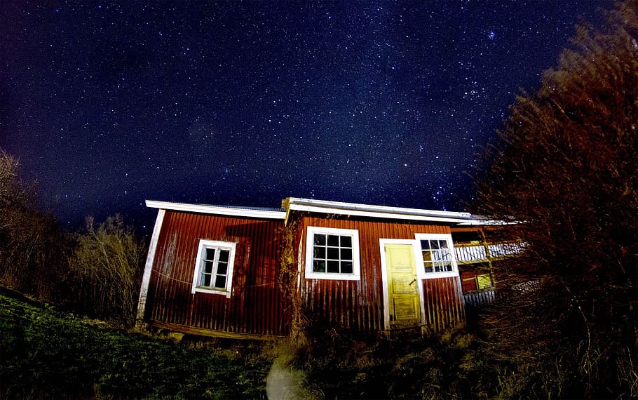 architecture, house, structure, dark, night, sky, stars, tree HD wallpaper