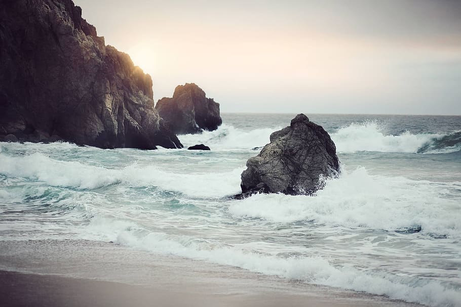 sky, sun, beach, sand, shore, waves, rocks, boulders, water HD wallpaper