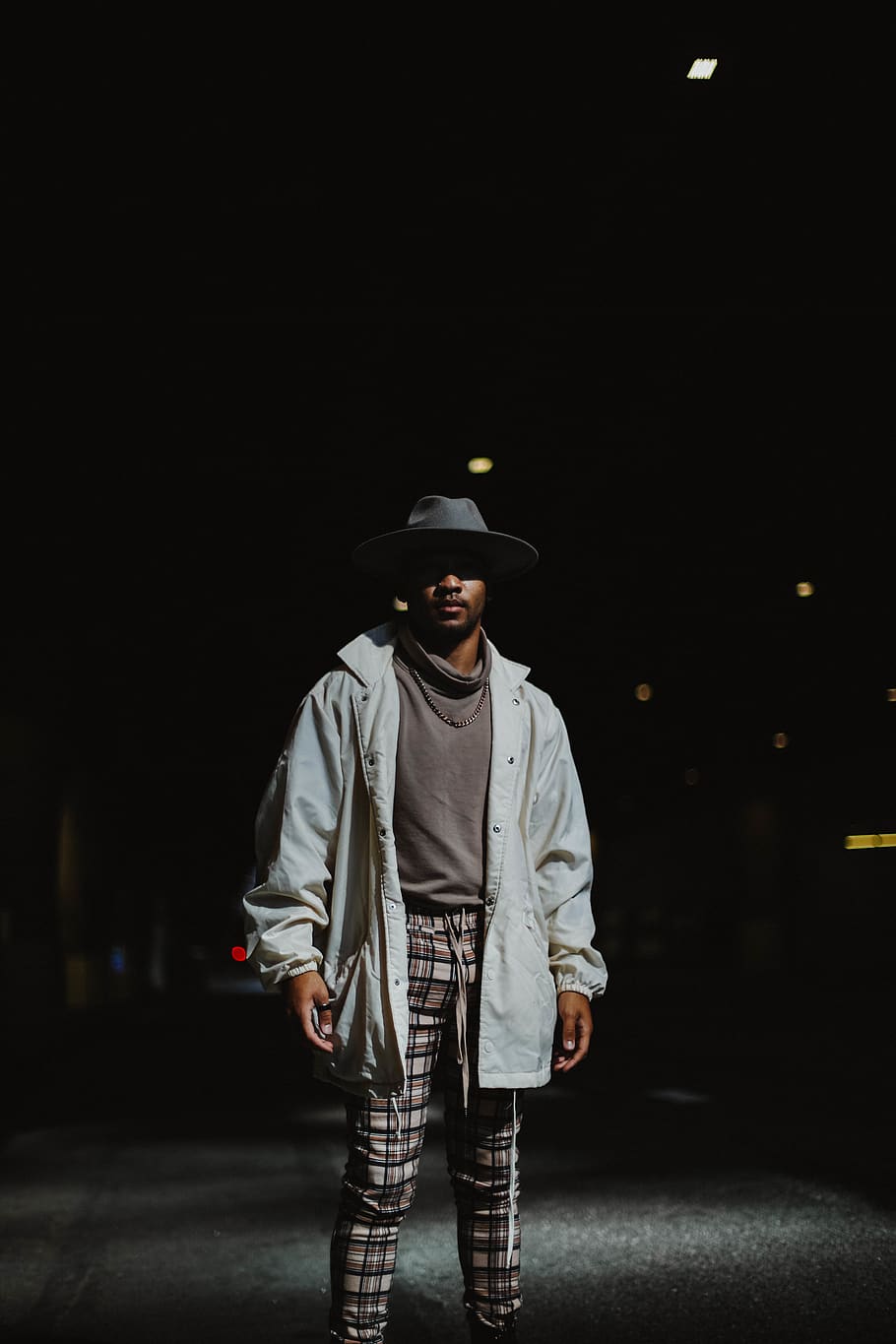 man wearing grey jacket, night, one person, front view, hat, clothing HD wallpaper