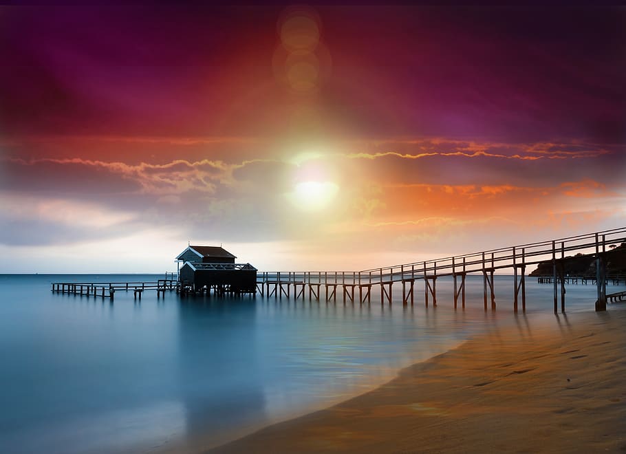House Beside Beach Dock Under Golden Hour, dawn, ocean, pier HD wallpaper