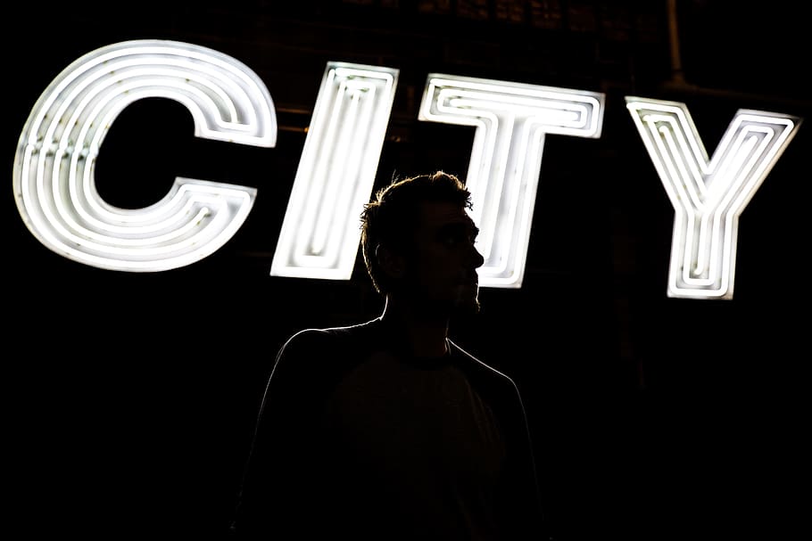 man standing in front of CITY light signage, neon, model, silhouette, HD wallpaper