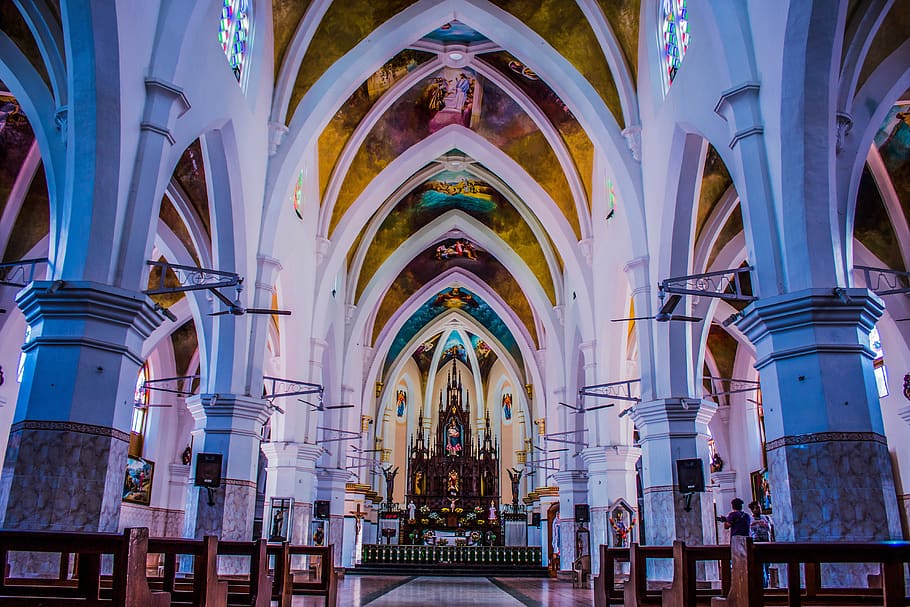 Aerial Photography of Cathedral, aisle, altar, arches, architecture HD wallpaper
