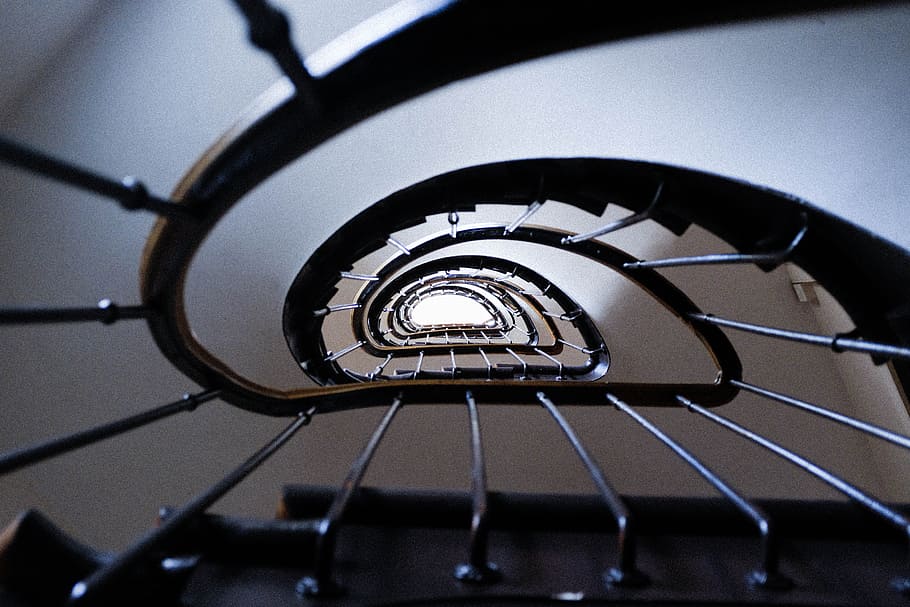 brown spiral stairs, nandb, blanc, noir, black, wwhite, paris HD wallpaper