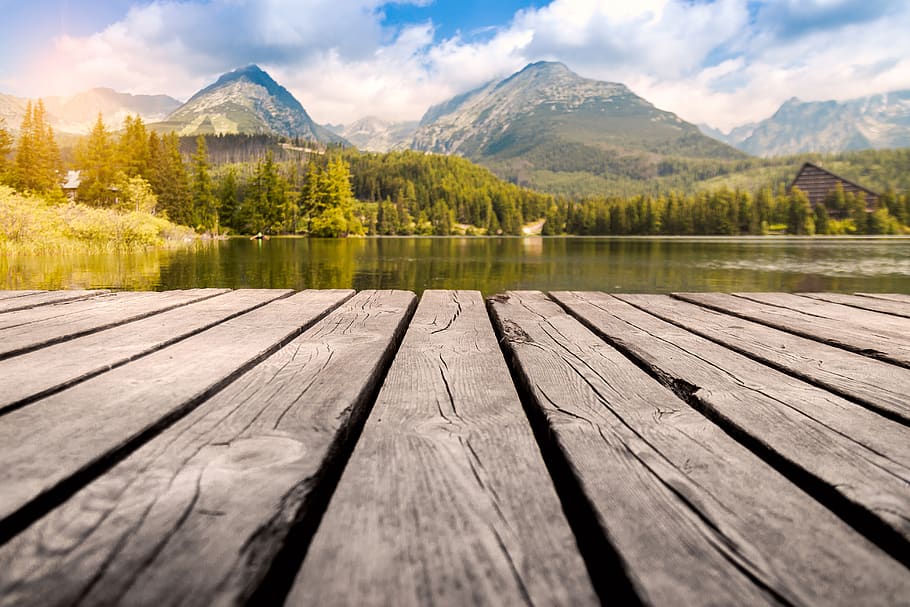 Body of Water Near Mountain Range, calm, clouds, dock, environment HD wallpaper