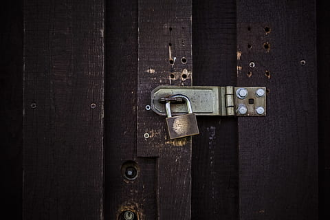 padlock on door hinge, latch, screw, hole, closed, metal, shut HD wallpaper