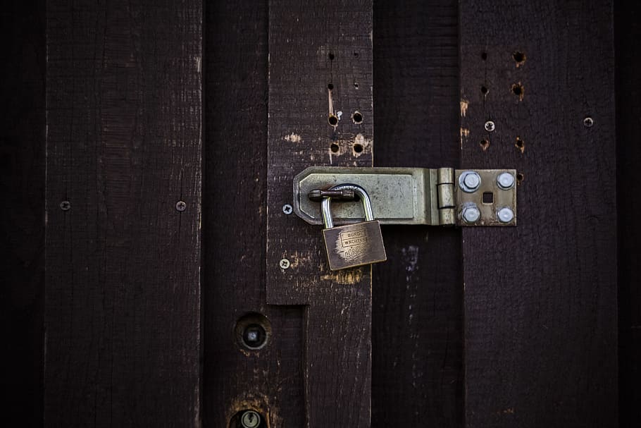 padlock on door hinge, latch, screw, hole, closed, metal, shut HD wallpaper