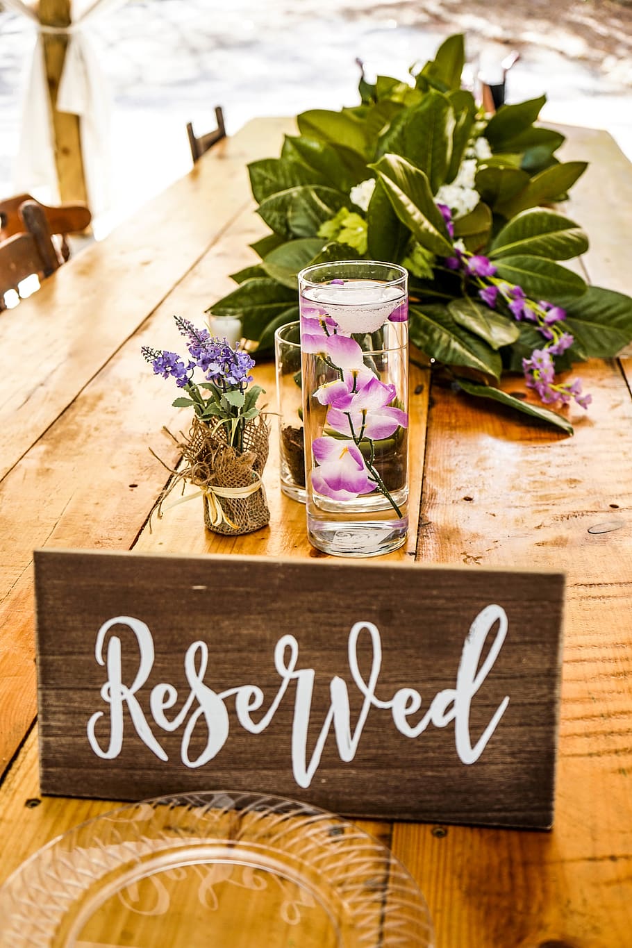 reserved signage, flower, flowering plant, table, freshness, wood - material HD wallpaper