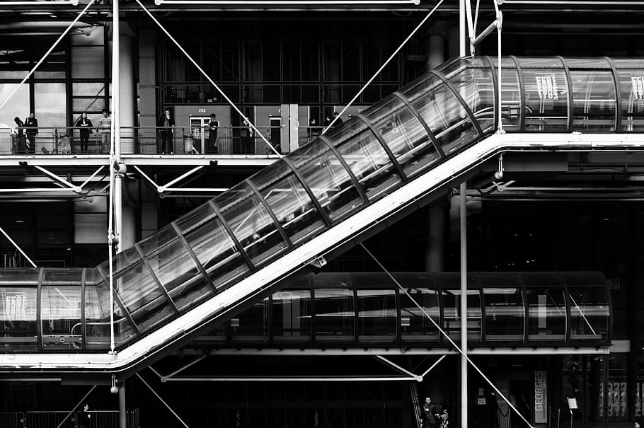 france, paris, the centre pompidou, escalator, mecanic stairs