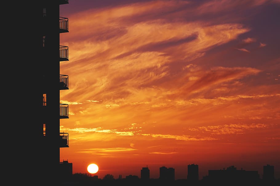 architecture, building, infrastructure, sunset, silhouette HD wallpaper