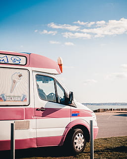 white and pink van, vehicle, transportation, truck, tire, caravan HD wallpaper