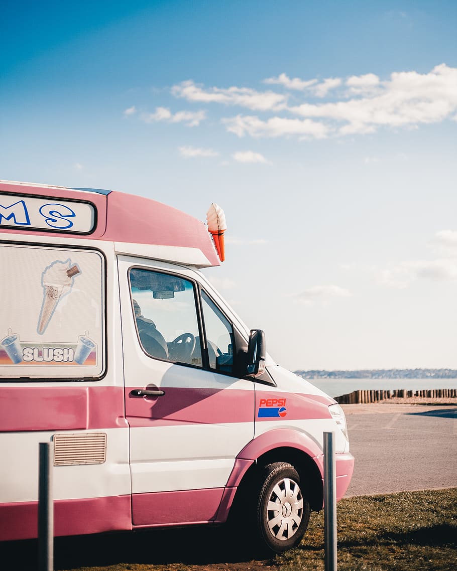 white and pink van, vehicle, transportation, truck, tire, caravan HD wallpaper