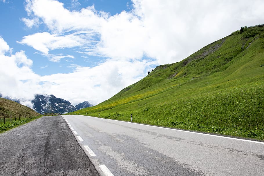 road, alps, summer, austria, transportation, cloud - sky, mountain HD wallpaper