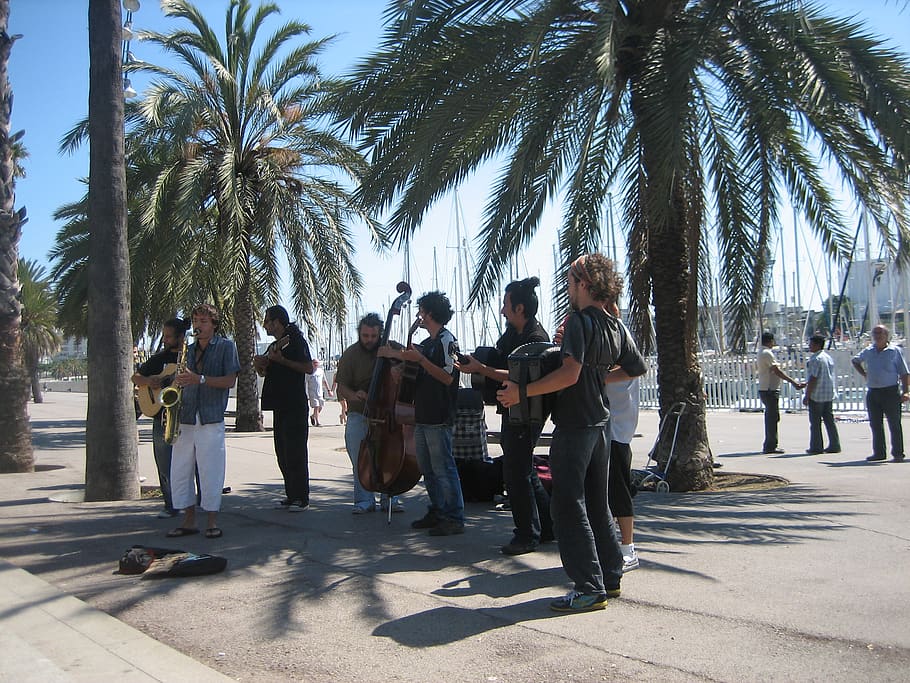 spain, barcelona, palm tree, group of people, tropical climate HD wallpaper