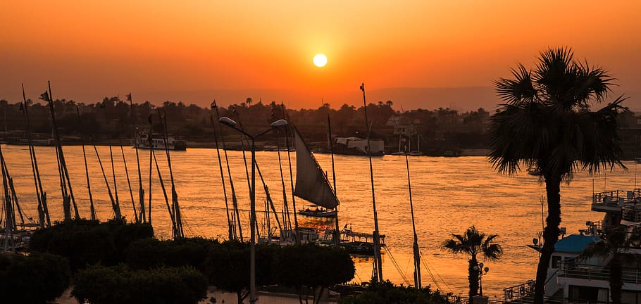 egypt, luxor, river, sunset, boat, dhow, nile, sky, tree, water HD wallpaper