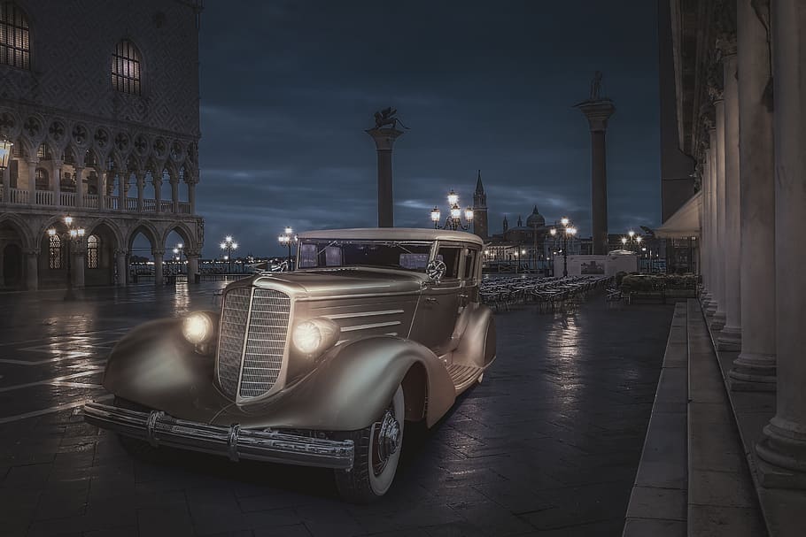 evening, venice, oldtimer, rain, automotive, architecture, built structure HD wallpaper