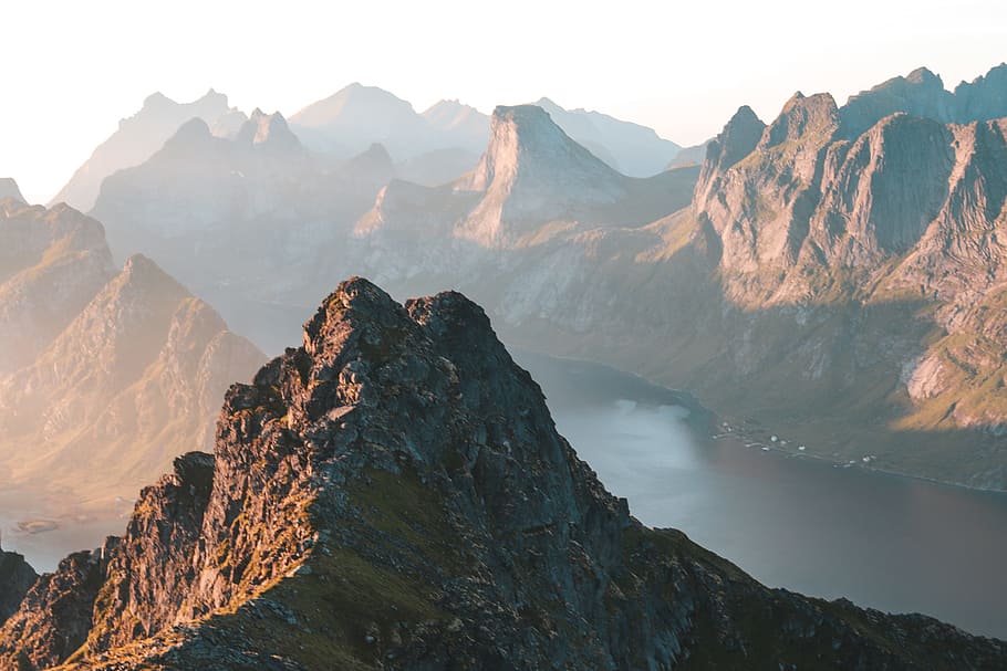 bird's eye view photography of mountain, water, rock, mist, fog HD wallpaper