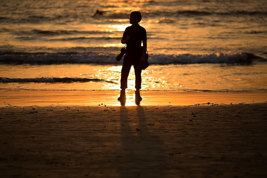 india, goa, beach, sunset, sea, land, water, standing, one person HD wallpaper