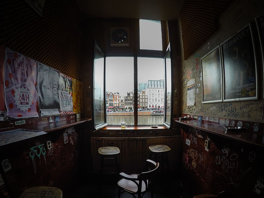 light through glass windows, chair, beer, amsterdam, hotel, hostel HD wallpaper
