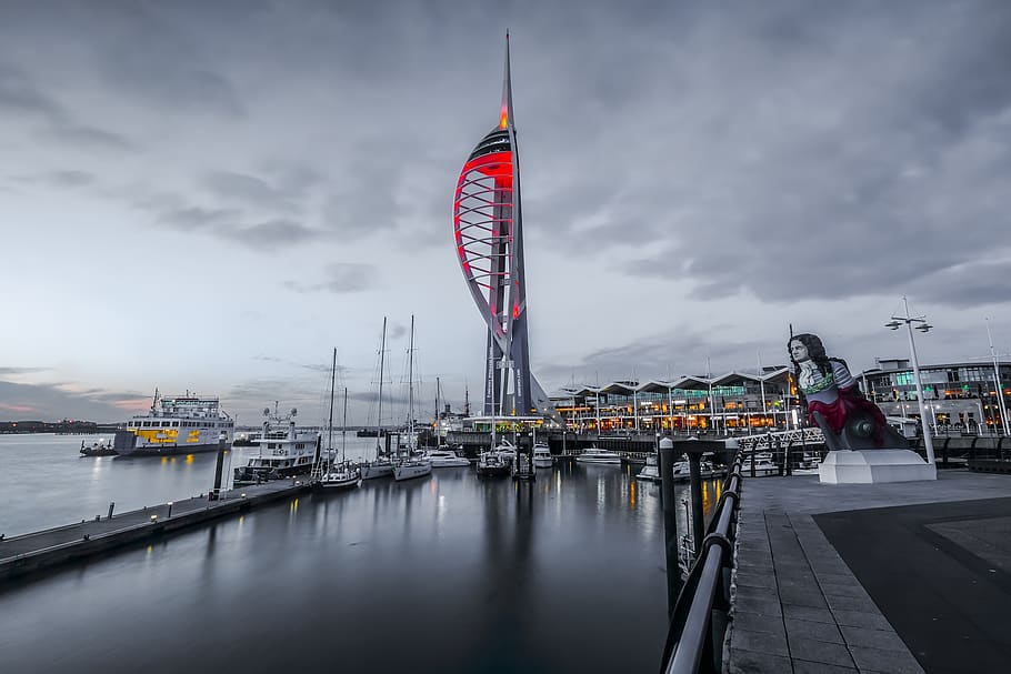 tower, port, water, sky, cloud - sky, transportation, architecture HD wallpaper
