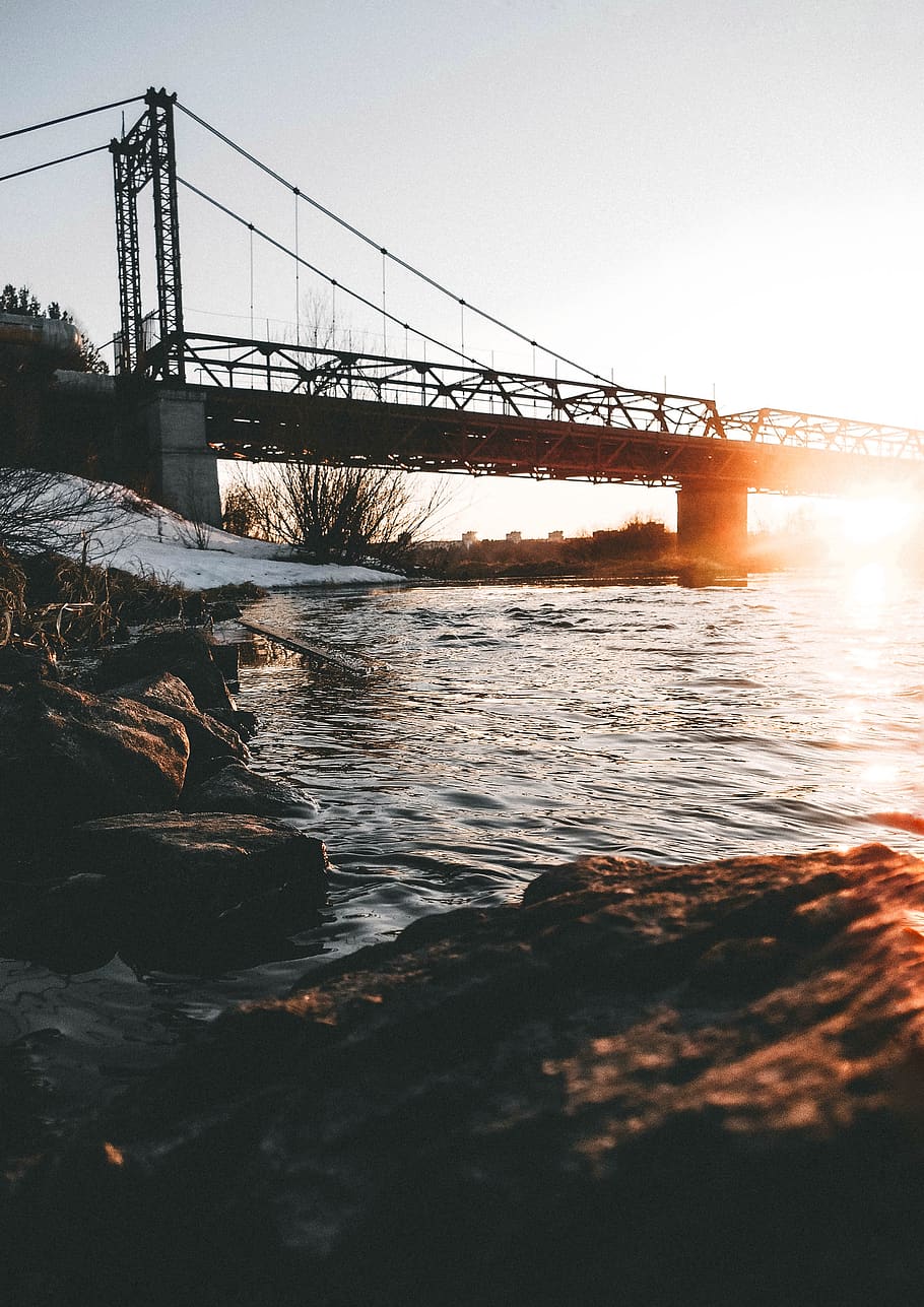 lake, trees, bridge, river, water, sunset, sky, connection HD wallpaper