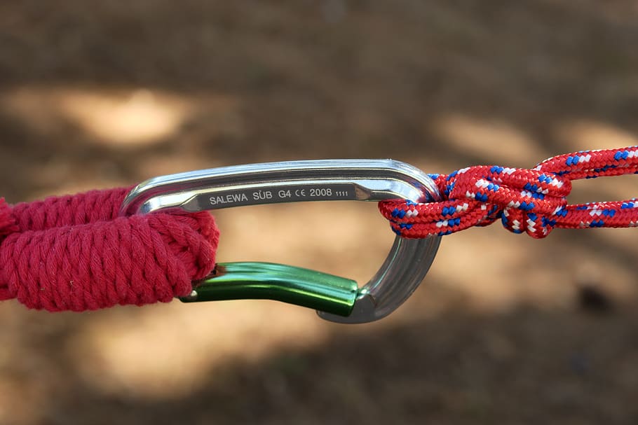carbine, rope, hammock, hook, climb, close-up, focus on foreground HD wallpaper