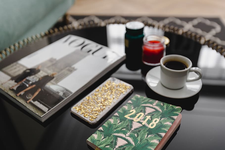 Top view of black table with 2018 calendar agenda, food and drink HD wallpaper