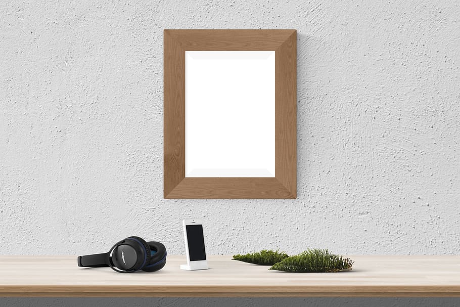 poster, frame, desk, iphone, headphone, pine, wall - building feature HD wallpaper