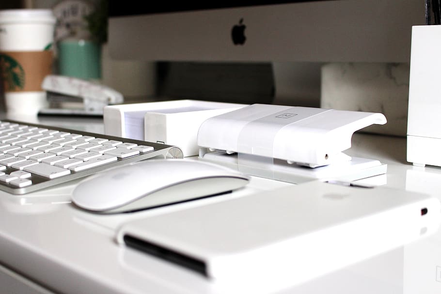 Apple Magic Mouse on white table, computer, technology, keyboard HD wallpaper