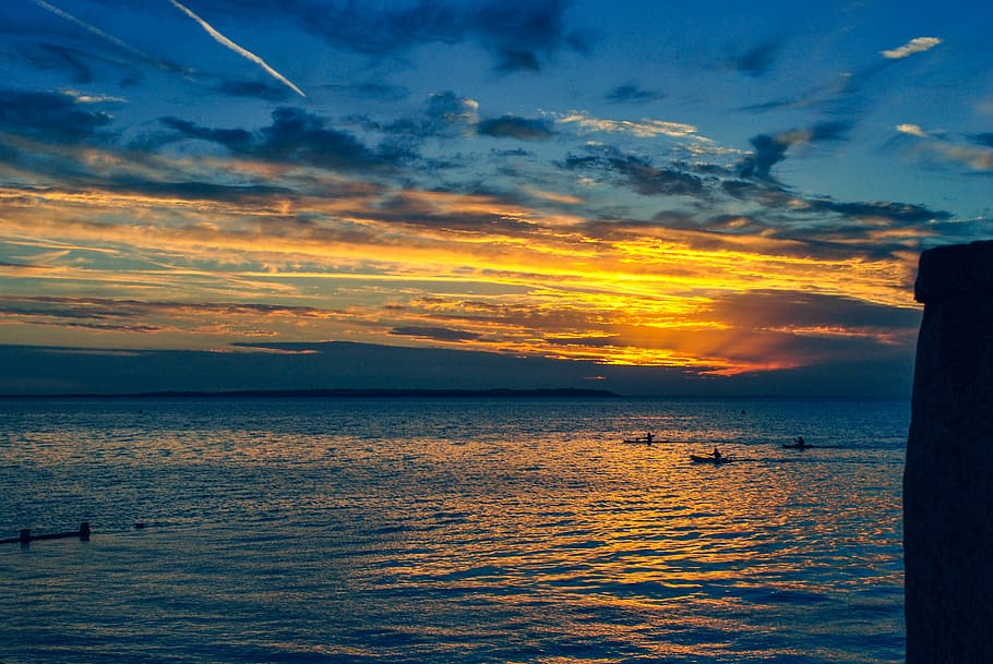 united kingdom, whitstable, cloudscape, sun, orange, boat, kayak HD wallpaper